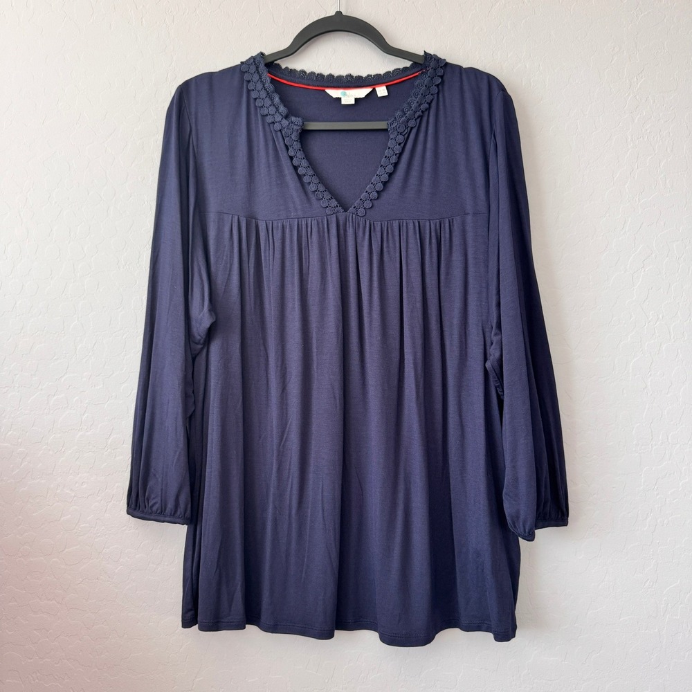 Boden US 14 Tunic Top Navy Blue Long Sleeve Crochet Lace V-Neck Empire Waist